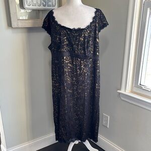 Tadashi Shoji Beaded Black Lace Overlay Gold Cap Sleeve Sheath Dress NWT